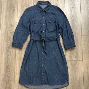 Outback Red Swiss Dotted Drnim Chambray Belted Mini Shirt Dress 3/4 Sleeve Small